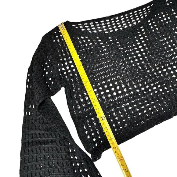New Black Cropped Crochet Knit Mesh Sweater Top Sz.M Bell Sleeve Grunge Goth Y2K - Picture 5 of 7
